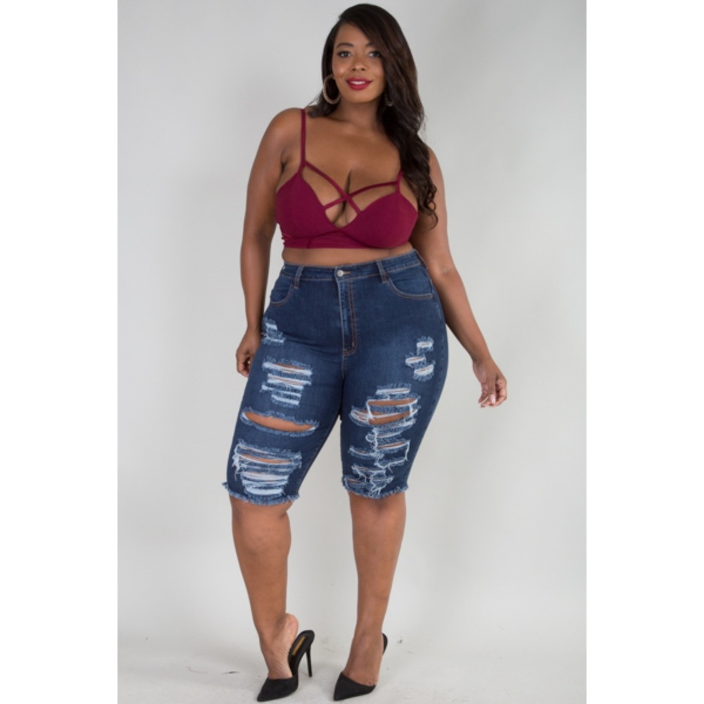 1x-3x dark blue destroyed denim Bermuda shorts - Picture 2 of 5